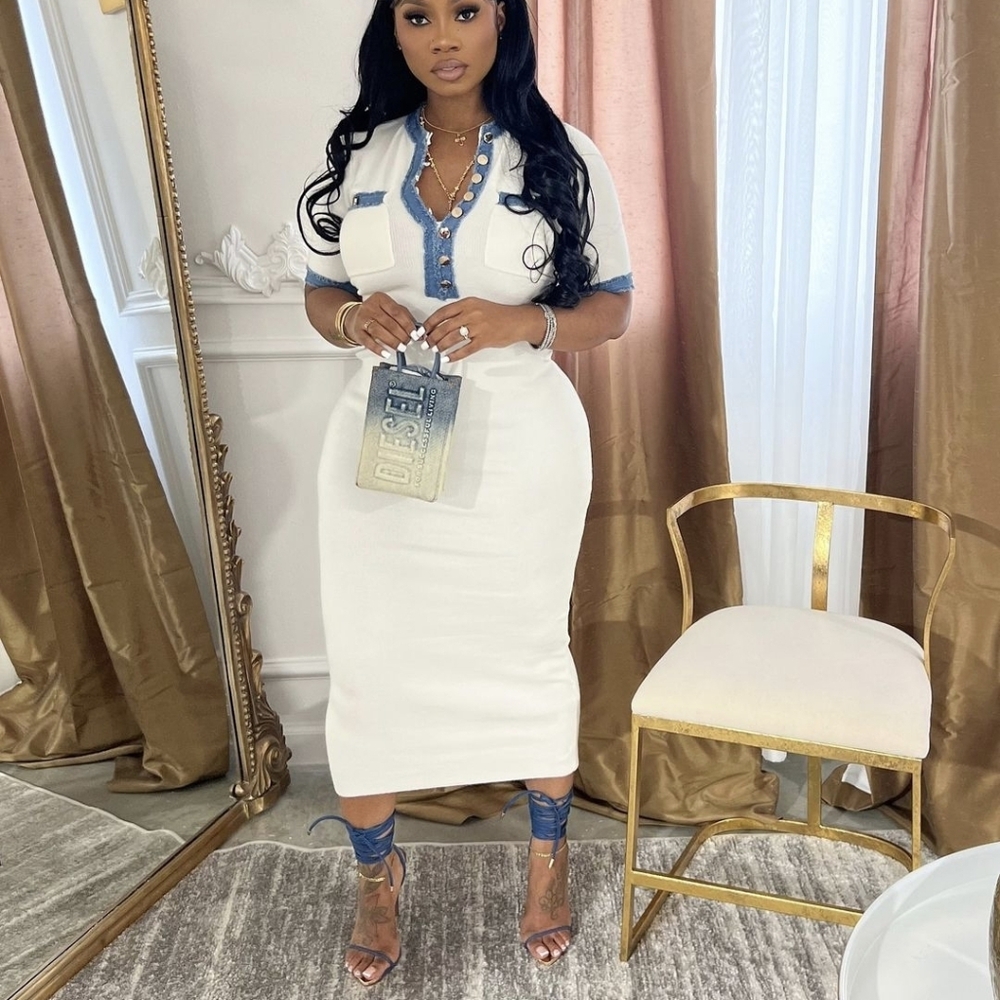 White Midi Dress with Denim Trim